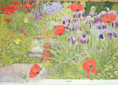 Papaveri e iris vicino allo stagno da Linda Benton